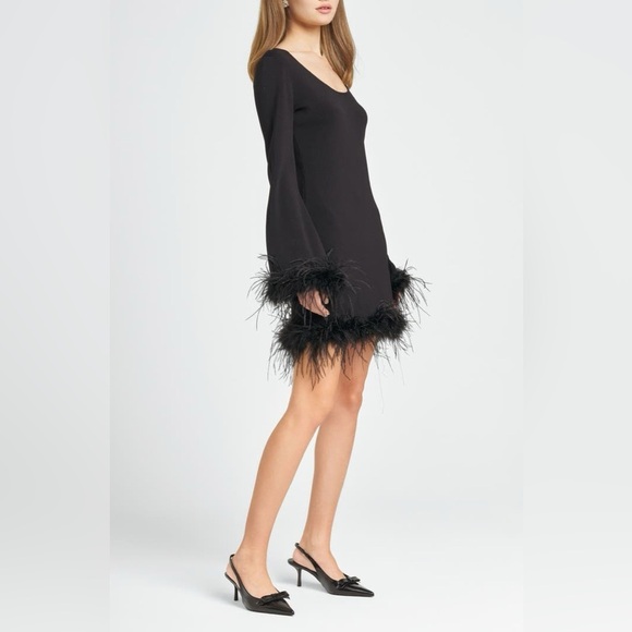 NWT WAYF Black Karlie Feather Trim Long Sleeve Women’s Minidress Size X-Small - Picture 4 of 6